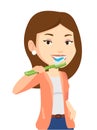 Woman brushing her teeth vector illustration.