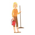 Woman With Bucket And A Mop, Cartoon Adult Characters Cleaning And Tiding Up