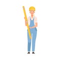 Woman builder in blue overalls and a white shirt is holding a long yellow ruler with a level.
