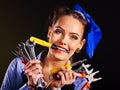 Woman builder with construction tools. Royalty Free Stock Photo