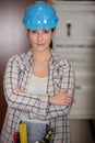 Woman in builder respirator indoor Royalty Free Stock Photo