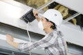 Woman in builder respirator indoor Royalty Free Stock Photo