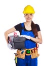 Woman builder in the uniform holds a tool box Royalty Free Stock Photo