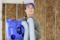 woman builder worker looking at ceiling Royalty Free Stock Photo