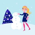 Woman building winter christmas snowman