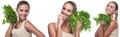 Woman with bundle herbs (salad). Concept vegetarian dieting - he
