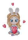 woman bunny ears. A cute girl with a haircut and rabbit ears on her head. Holding a big red heart in his hands. Watercolor. White Royalty Free Stock Photo