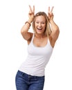 Woman, bunny ears and silly model portrait with a happy smile feeling funny with a white background, Isolated, excited