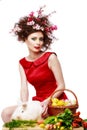 Woman with a bunny, eggs and flowers spring easter concept Royalty Free Stock Photo