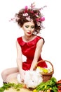 Woman with a bunny, eggs and flowers spring easter concept Royalty Free Stock Photo