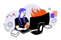 Woman at burning computer Royalty Free Stock Photo