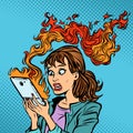 Woman with a burning phone. Hot news. Ignition of the battery