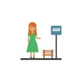 Woman, bus stop cartoon icon. Element of color travel icon. Premium quality graphic design icon. Signs and symbols collection icon Royalty Free Stock Photo