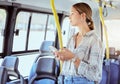 Woman, bus travel and phone on public transportation while thinking and using social media or internet app for
