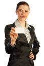 Woman with a business card. Isolated on whit Royalty Free Stock Photo