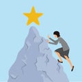 Woman in business clothes climbs on the rock to the mountain top. Reaching the goal concept, vector illustration.