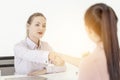 Woman business congratulate co worker for success job interview Royalty Free Stock Photo