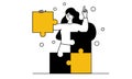 Woman and business puzzle vector illustration. Idea success strategy and cooperation. Jigsaw process building and corporate Royalty Free Stock Photo