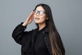 Woman business studio smile portrait student beautiful glasses fashion background cute face asian Royalty Free Stock Photo