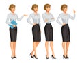 Woman in business style. Elegant blond girl in different poses.