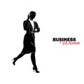 Woman in business suit. Businesswoman runs and talks on the phone, late