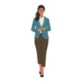 Woman in Business suit fastens button of his jacket. Business woman walk and buttoning suit