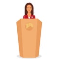 Woman in a business suit stands on a podium in front of the microphones. Woman orator speaking from tribune. Vector illustration.