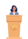 Woman in a business suit stands on a rostrum in front of the microphones. Woman orator speaking from tribune. Vector illustration