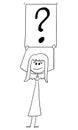 Woman or Businesswoman Asking Question and Holding Question Mark Sign, Vector Cartoon Stick Figure Illustration