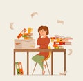 Woman busy tired working on computer colorful vector concept. Cartoon flat style