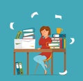 Woman busy tired working on computer colorful vector concept. Cartoon flat style illustration