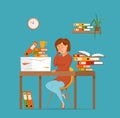 Woman busy tired working on computer colorful vector concept. Cartoon flat style illustration