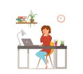 Woman busy tired working on computer colorful vector concept.