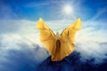 Woman Butterfly Wings Flying in Sky Clouds, Girl Standing on Mountain Peak, in Flight to Sun Royalty Free Stock Photo