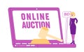 Woman Buy Assets in Internet Using Online Platform, Female Character Holding Bid Banner at Huge Laptop Royalty Free Stock Photo