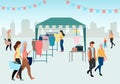 Woman buying clothes at street market flat vector illustration. Trade tent, fair awning. Buyer at outdoor local clothing store,