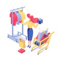 Woman buying clothes vector isometric illustration. Female buyer choosing presents, boxes with purchases in supermarket