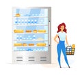 Woman buying dairy products flat color vector illustration