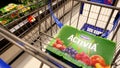 Woman buying Danone Activia strawberry yogurt and putting into shopping cart