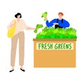 Woman buying fresh vegetarian food in wooden store with greens seller man holding a green bunch. Vector illustration