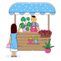 Woman buying plants from a male florist at a stall. Customer choosing potted flowers, friendly service. Small business