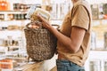 Zero waste shop. Woman buying products in plastic free grocery store Royalty Free Stock Photo