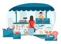 Woman buying seafood at street market stall flat illustration. Fresh sea food in ice trade tent, fish counter. Fair, summer market Royalty Free Stock Photo