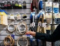 Woman buying stitching kit inside store