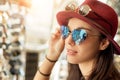 Woman buying sunglasses Royalty Free Stock Photo