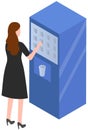 Woman buying water in automatic vending machine. Girl using public apparatus to take drink