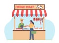 Woman buys produce from farm street fresh meat store. Different kinds of meat products chops, sausages, bacon, ham and Royalty Free Stock Photo