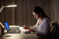 Woman with calculator and papers at night office Royalty Free Stock Photo