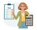 Woman with calculator and tax form. Tax payment concept. Financial tax accounting, audit or accounting services.