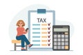 Woman with calculator and tax form. Tax payment concept. Financial tax accounting, audit or accounting services.